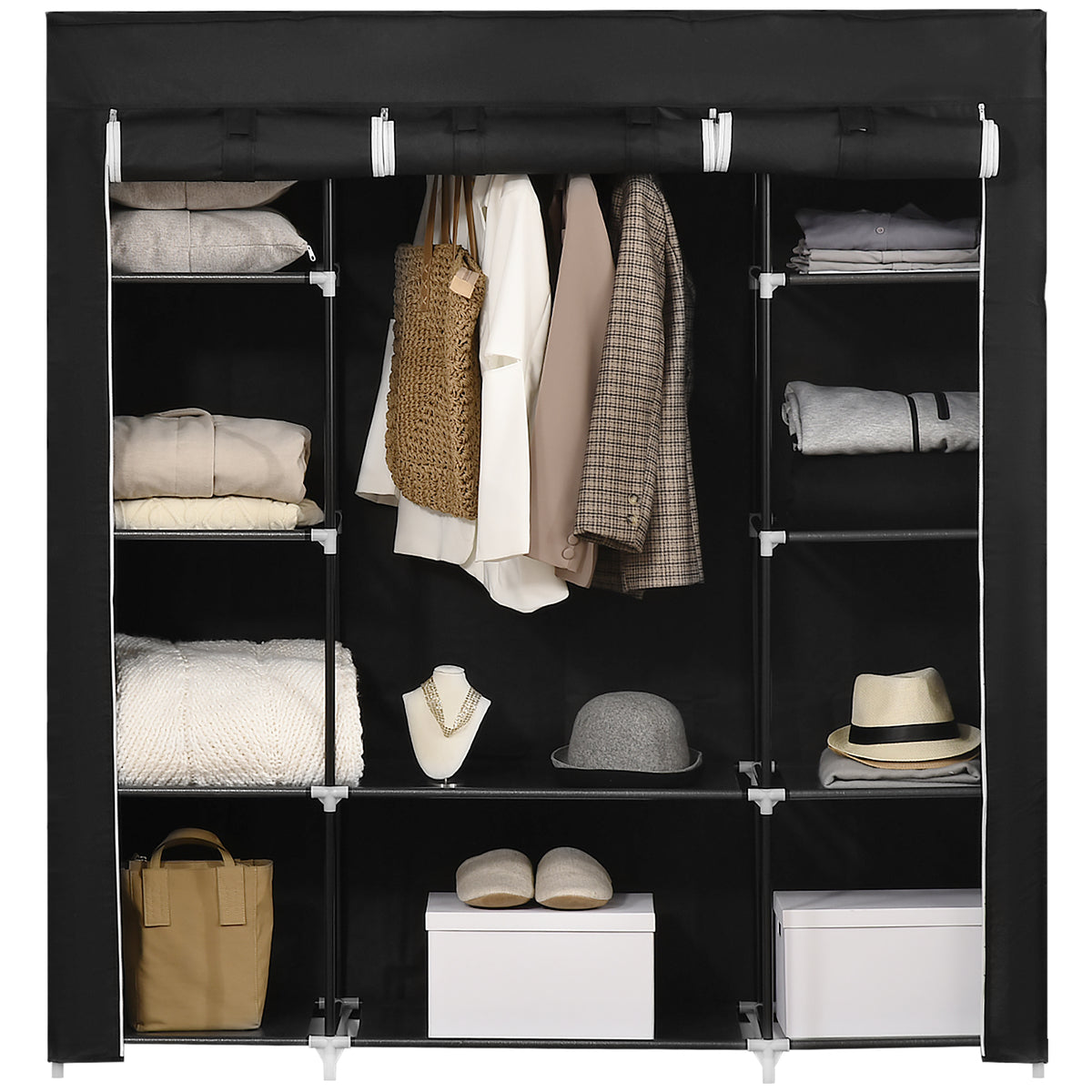 Black 150 cm fabric wardrobe with central hanging rail, ten shelves and three roll-up doors