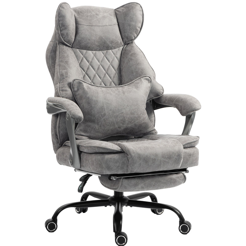 Grey big and tall wingback executive office chair with diamond stitching, lumbar pillow and footrest