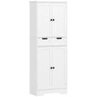 Tall white bathroom storage cabinet with two cupboards and a middle drawer