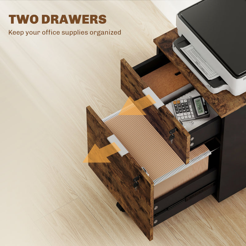 HOMCOM Two-Drawer Lockable Filing Cabinet - Black and Rustic Brown – view 4