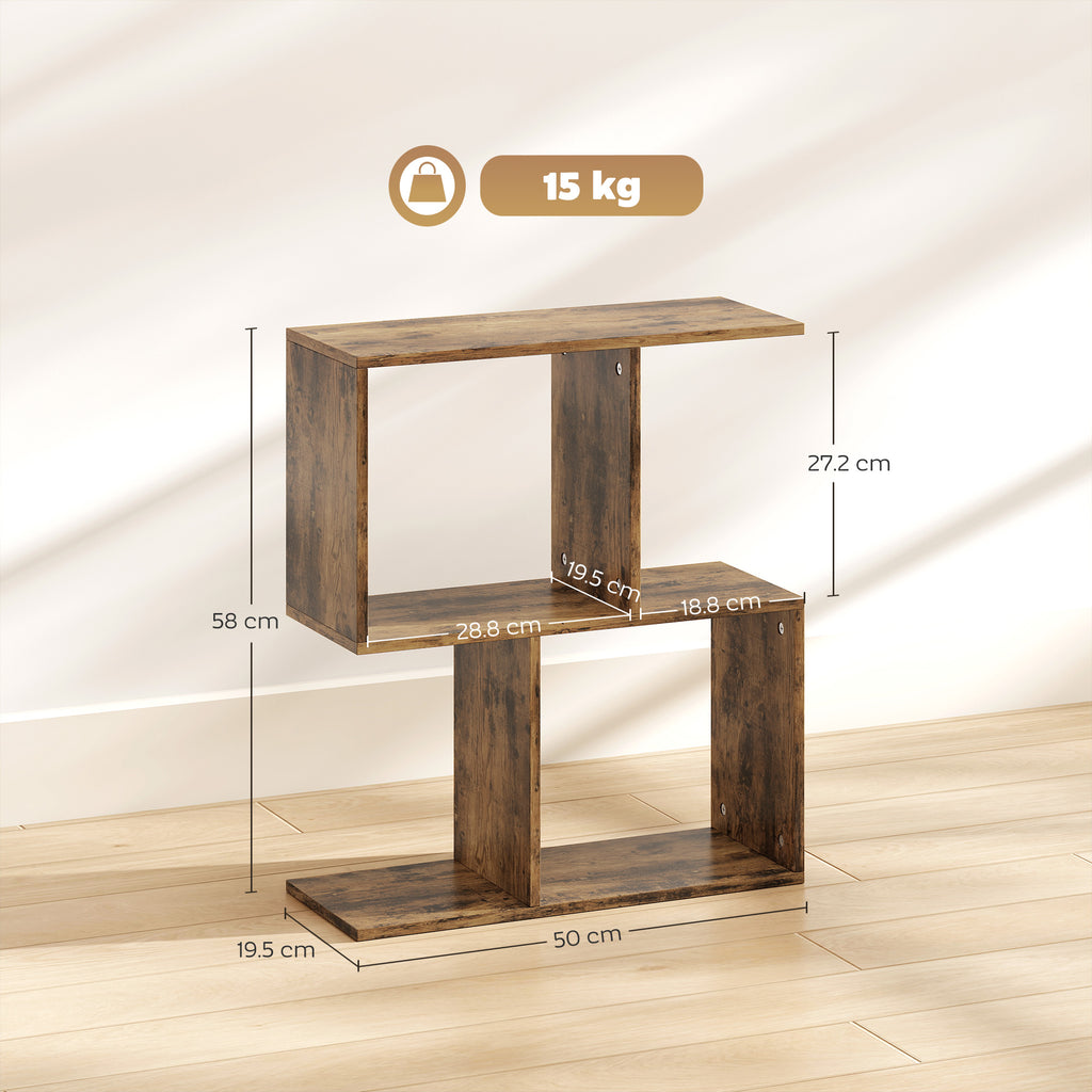 Side Table, Narrow End Table with Storage Shelves, S-Shaped, 3-Tier, 50W x 19.5D x 58H cm, Rustic Brown