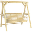 Natural fir wood 3-seater garden swing bench with A-frame, chains and side tables