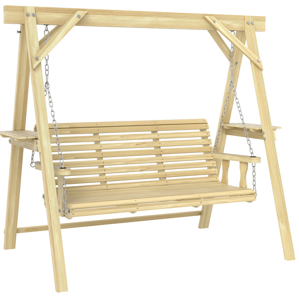 Natural fir wood 3-seater garden swing bench with A-frame, chains and side tables