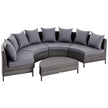Grey half-round rattan sofa set with four curved seats, throw pillows and coffee table