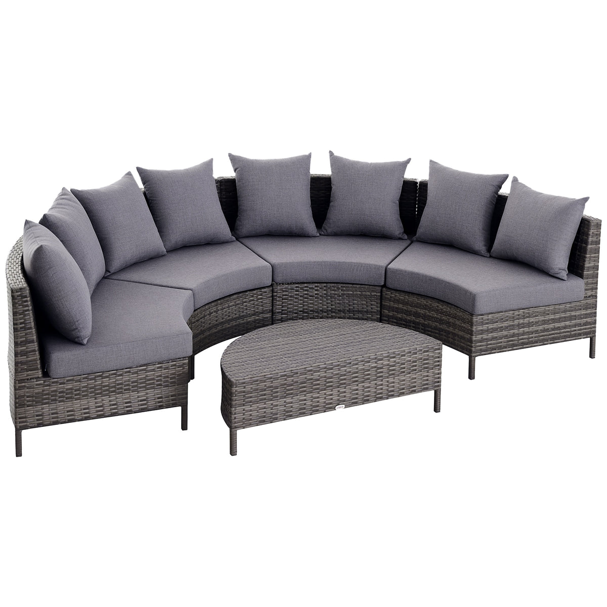 Grey half-round rattan sofa set with four curved seats, throw pillows and coffee table