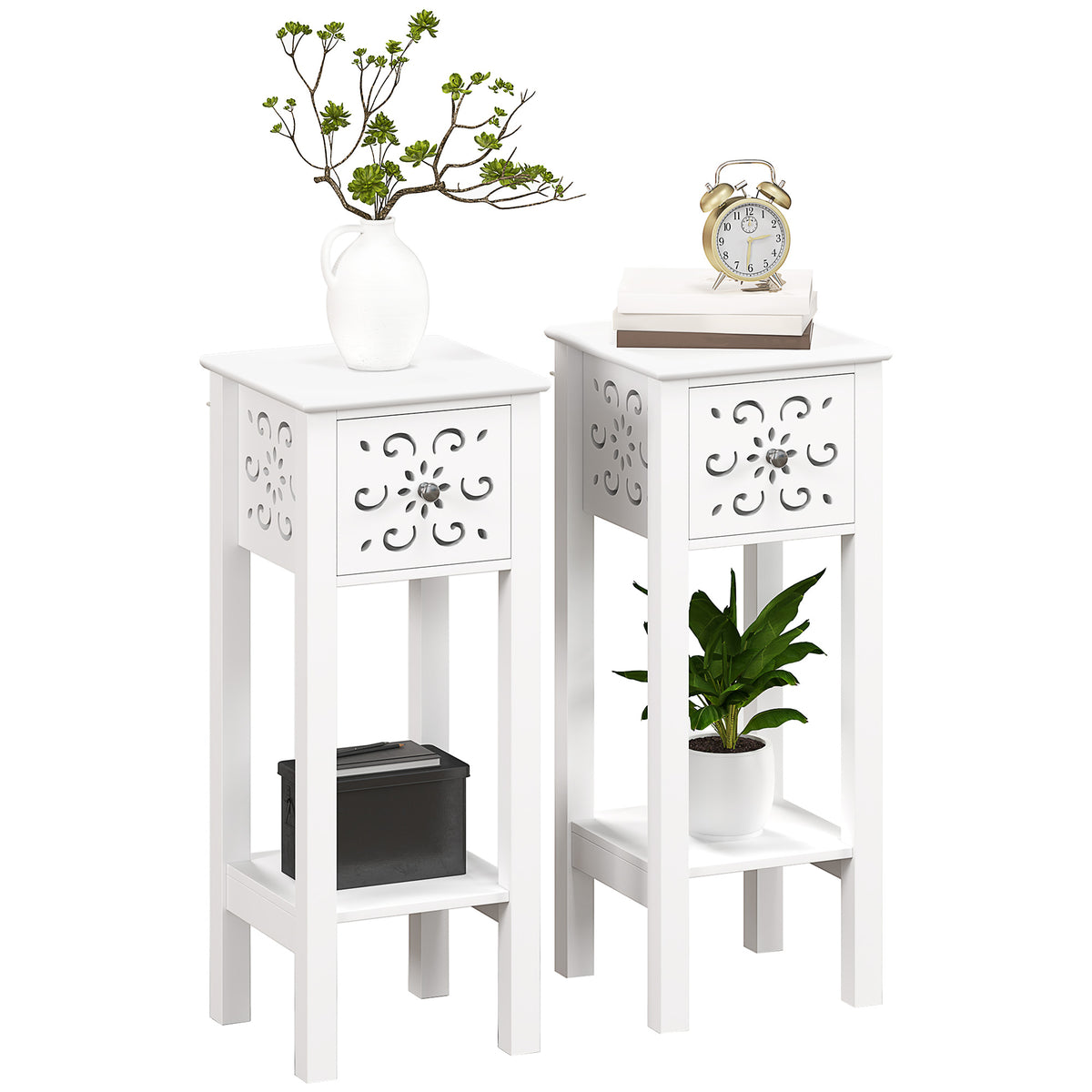 Set of 2 Tall Floral Cut-Out Side Tables with Drawers – White