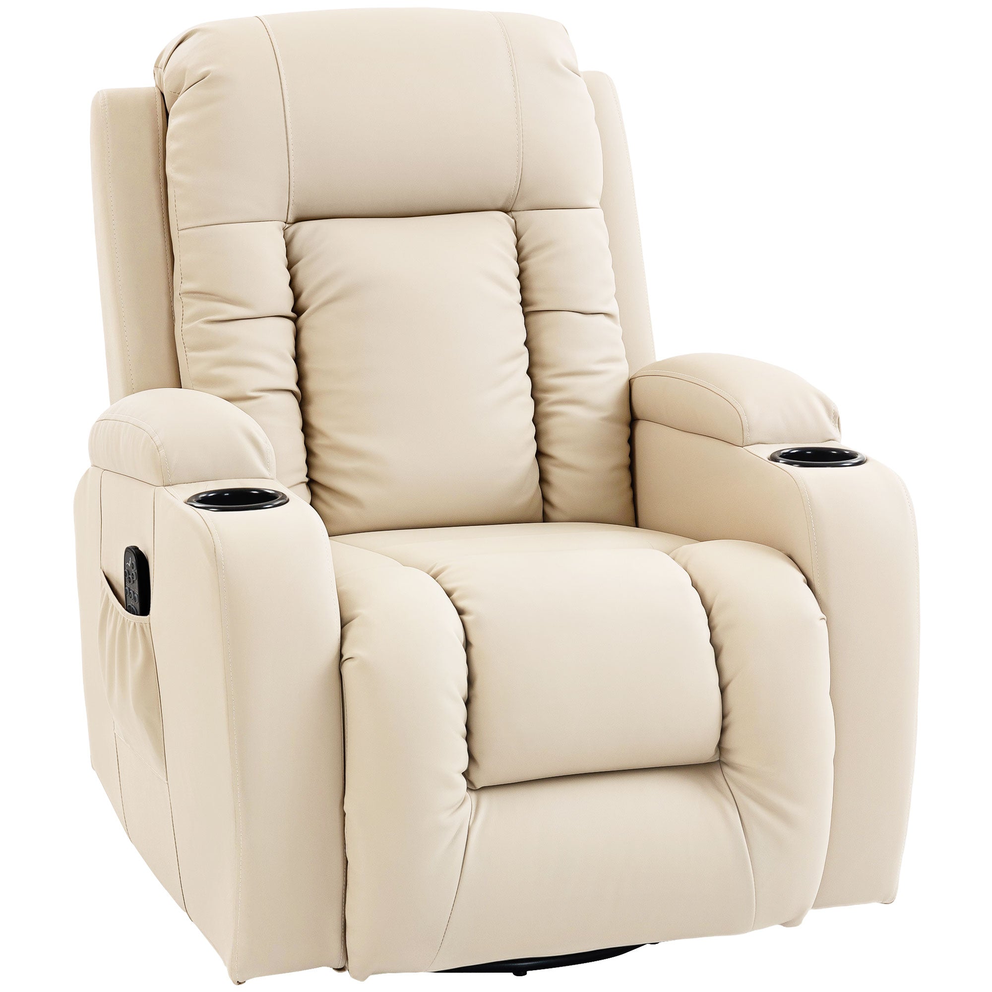 PU Leather Recliner Chair, Recliner Armchair with Extended Footrest, Cup Holders and Side Pockets, Cream