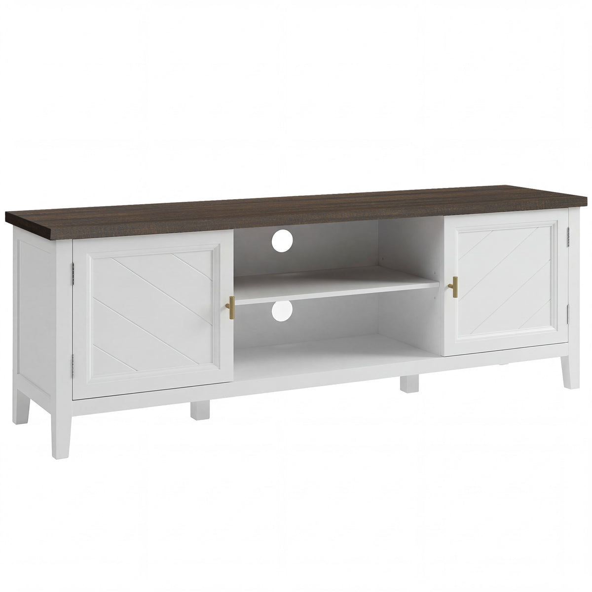 140 cm Farmhouse TV Stand with Chevron Doors – White & Brown
