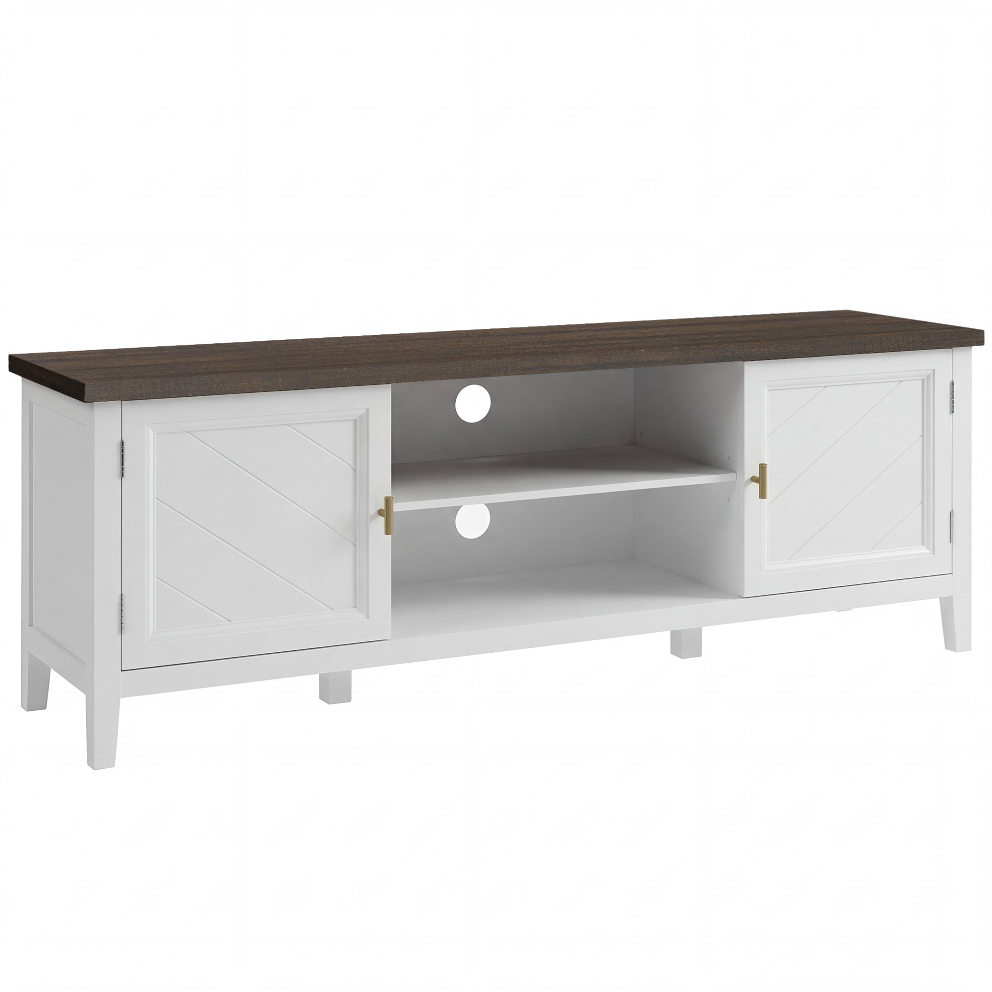 TV Unit for TVs up to 42 Inch, Farmhouse Entertainment Centre with 2 Open Shelves, 2 Cabinets and Thick Top