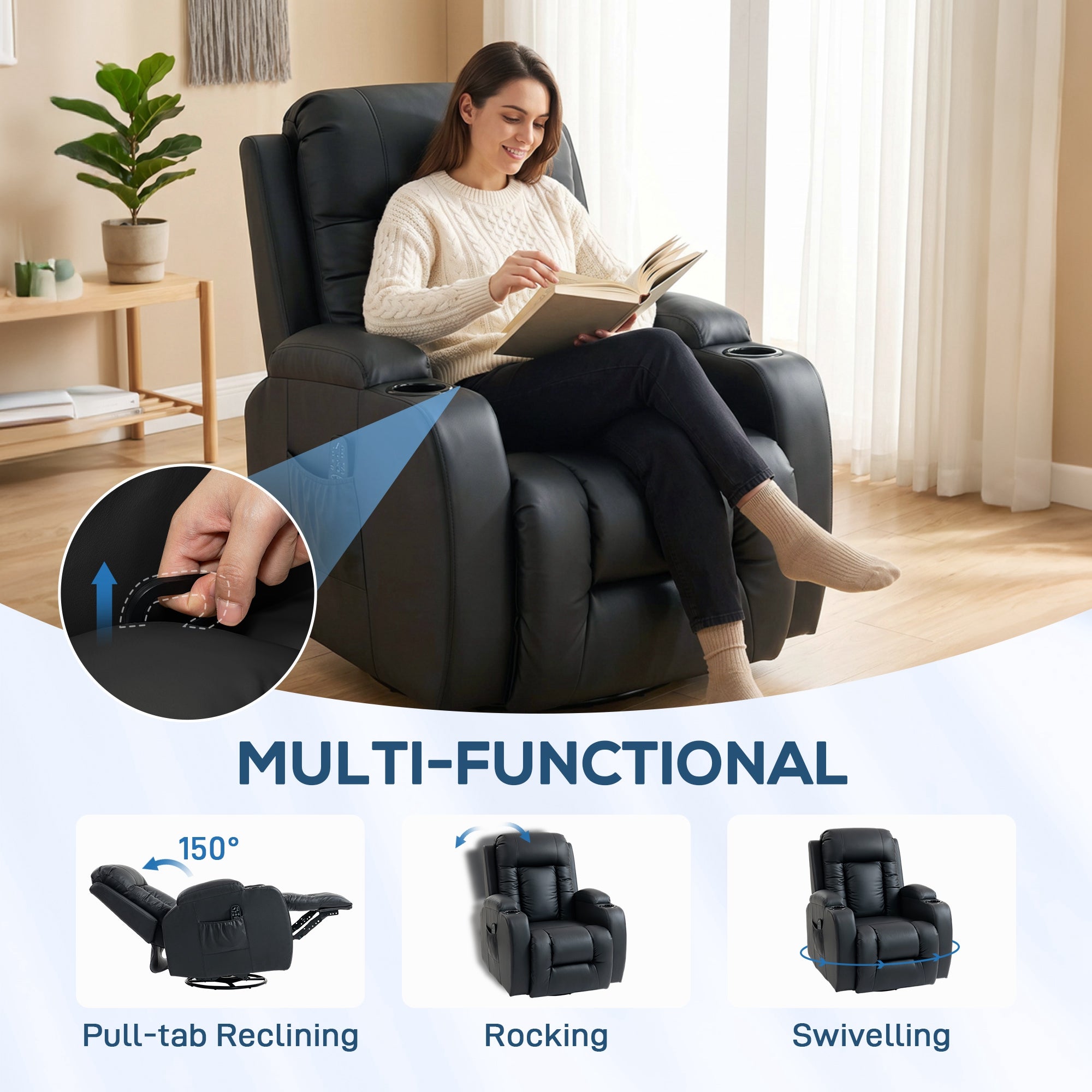 PU Leather Recliner Chair, Recliner Armchair with Extended Footrest, Cup Holders and Side Pockets, Black