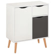 Scandi-style white storage cabinet with grey door, top drawer, two cupboards and wooden legs
