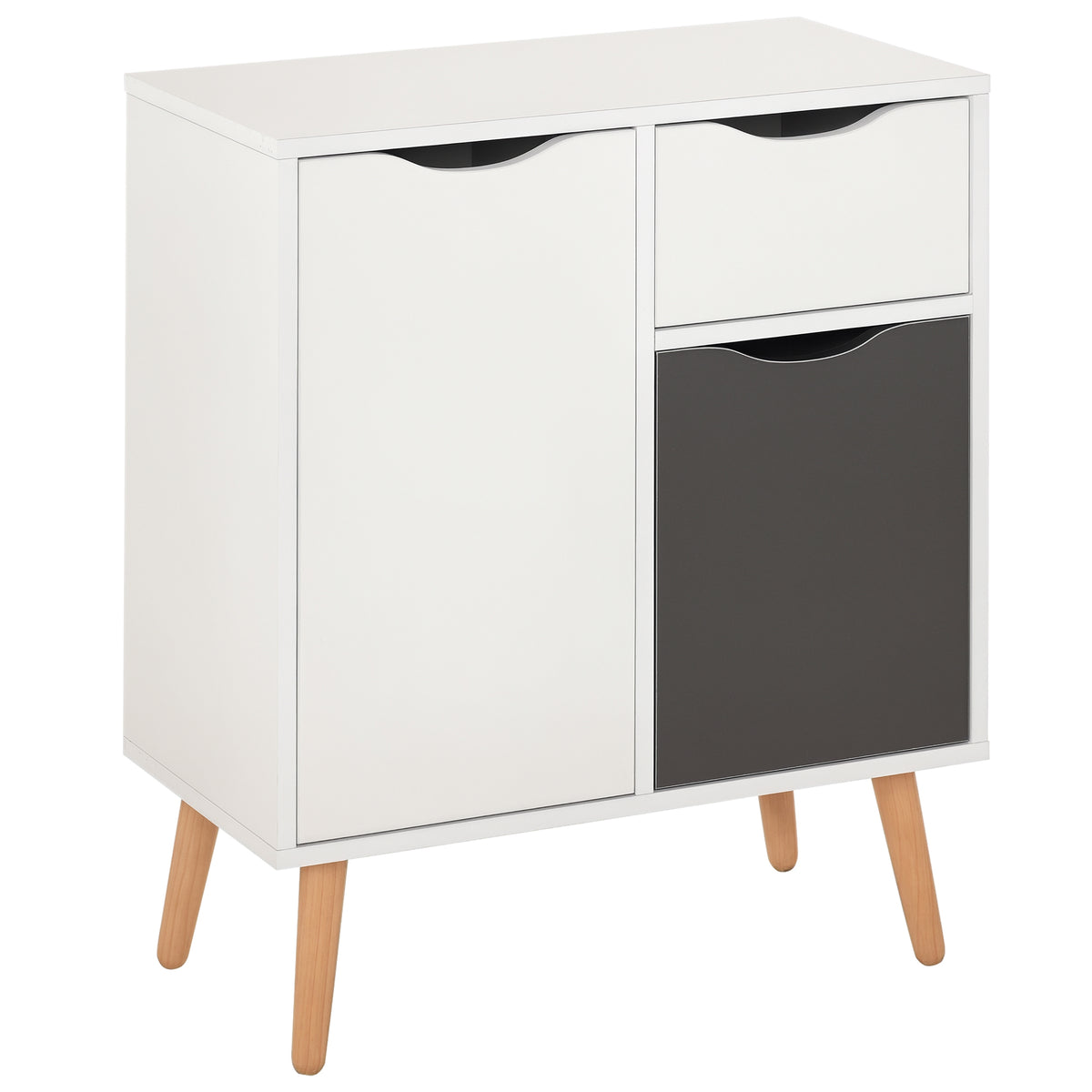 Scandi-style white storage cabinet with grey door, top drawer, two cupboards and wooden legs