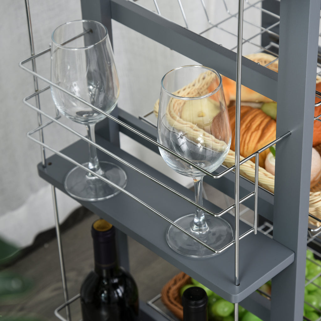 HOMCOM Rolling Kitchen Cart, Utility Storage Cart with 4 Basket Drawers & Side Racks, Wheels for Dining Room, Grey