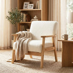 Modern Armchair, Sherpa Fleece Upholstered Accent Chair with Solid Wood Legs and Wide Seat, Cream White