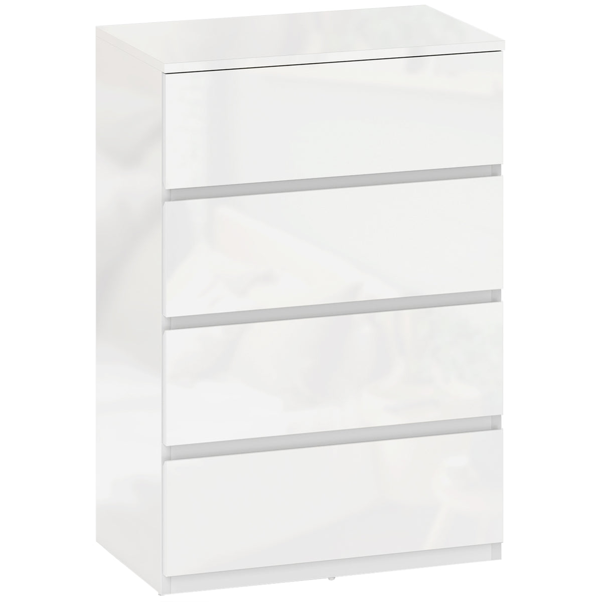 High gloss white 4-drawer chest of drawers with handle-free fronts and soft-close runners