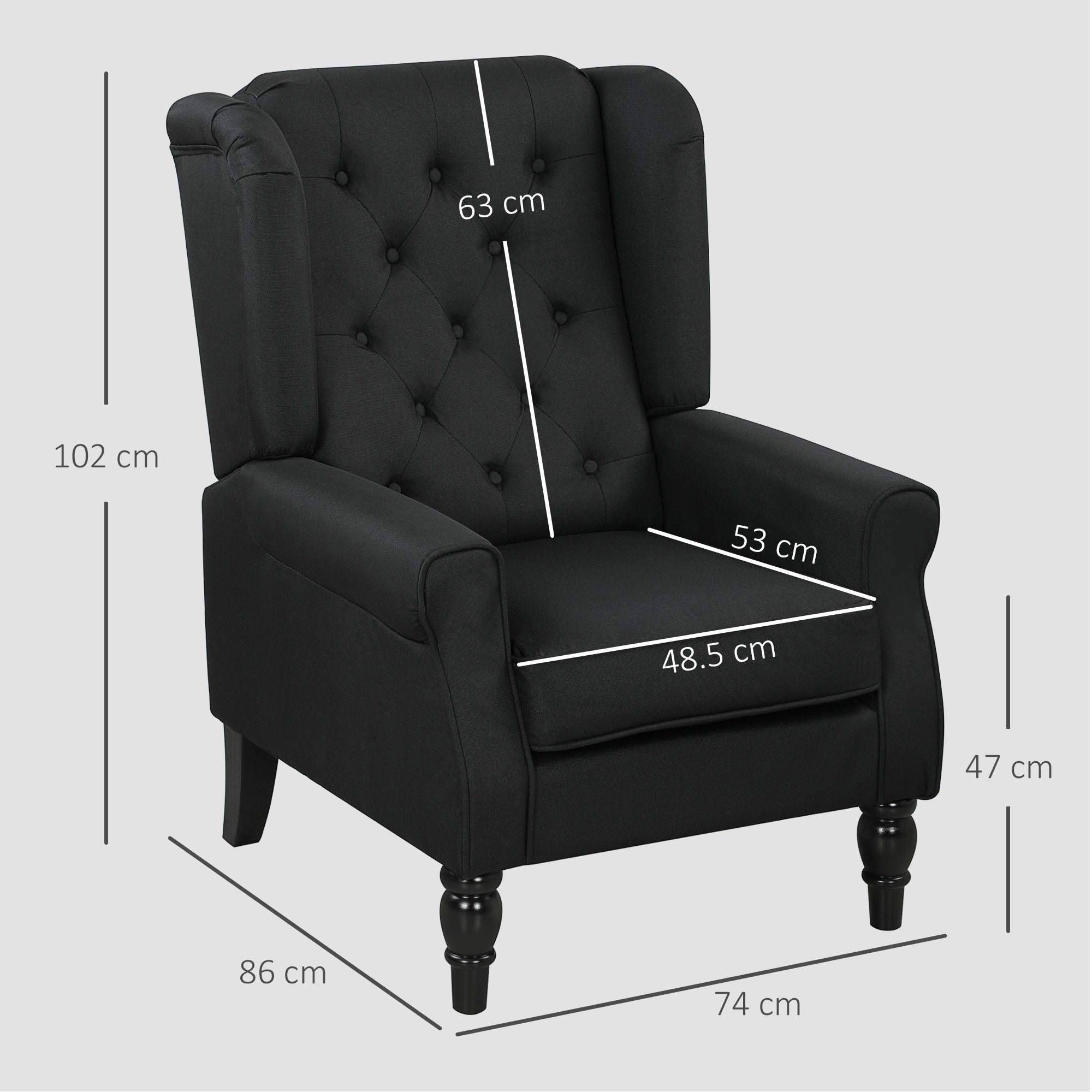 Wingback Accent Chair, Faux Linen Armchair with Thick Spring Cushion, High Back, Solid Wood Legs, Retro Button Tufted Reading Chair for Living Room, Bedroom, Black