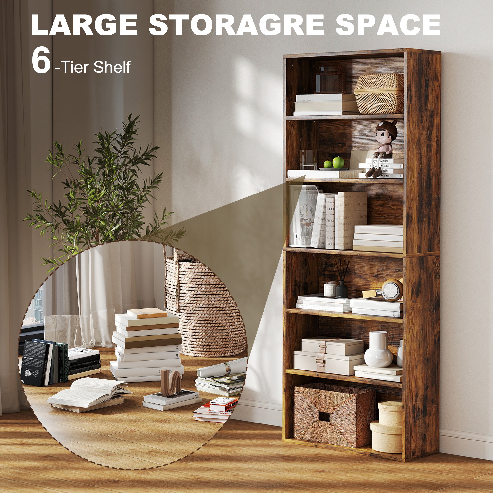 Six Shelf Bookcase - Rustic Brown