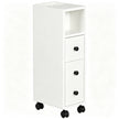 White slimline bathroom storage cabinet on wheels with top drawer, cupboard and open compartments