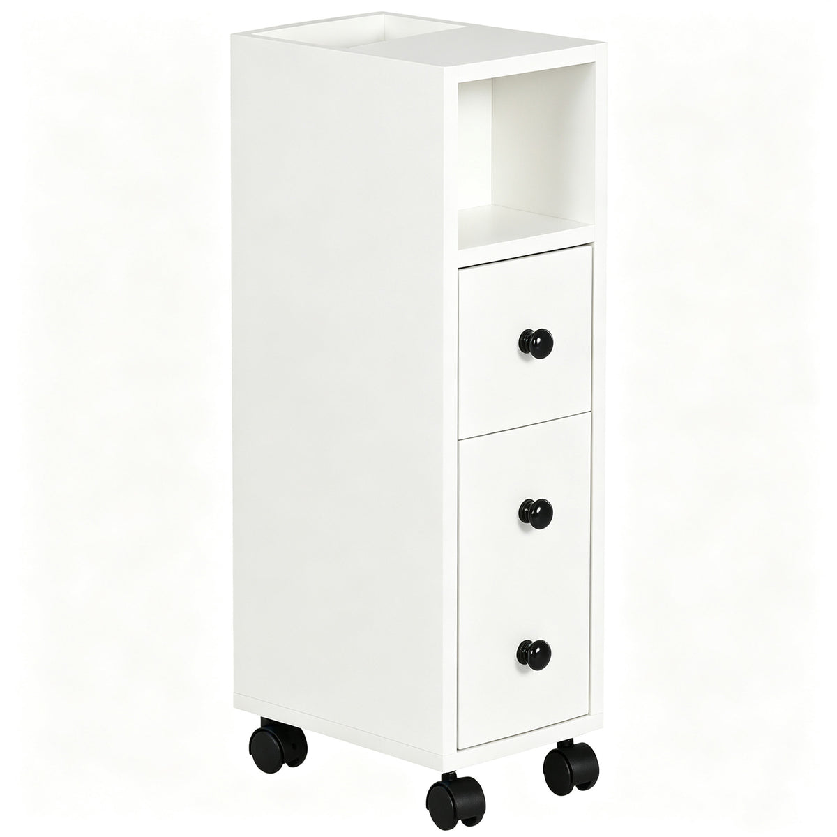 White slimline bathroom storage cabinet on wheels with top drawer, cupboard and open compartments