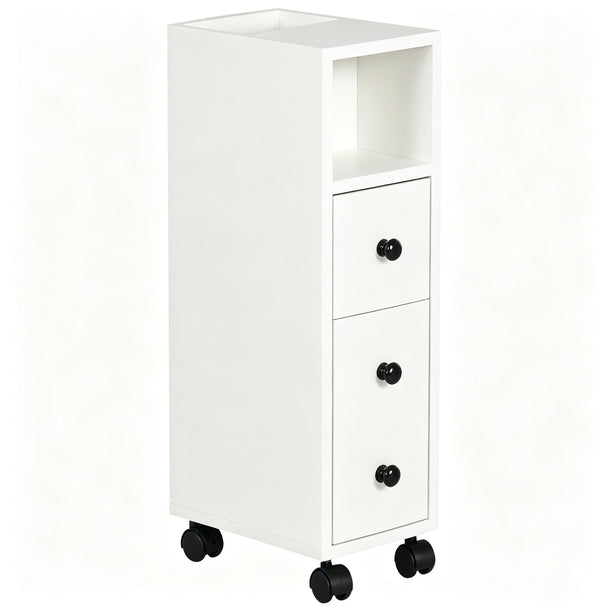 White slimline bathroom storage cabinet on wheels with top drawer, cupboard and open compartments