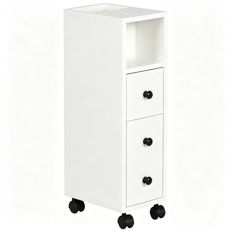 White slimline bathroom storage cabinet on wheels with top drawer, cupboard and open compartments