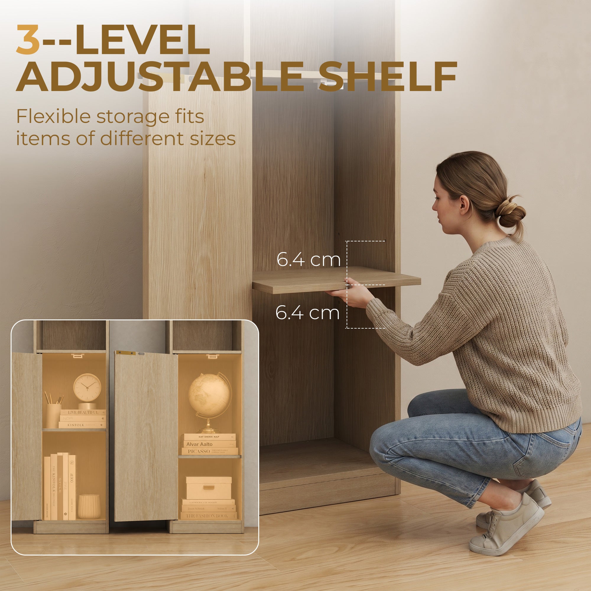 Bookcase Adjustable Shelf Bookshelf Anti-Tip Hardware 6-Tier Storage Cabinet Oak Wood Effect