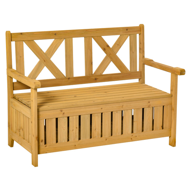 Yellow fir wood 2-seater garden storage bench with high back, armrests and ventilated panels
