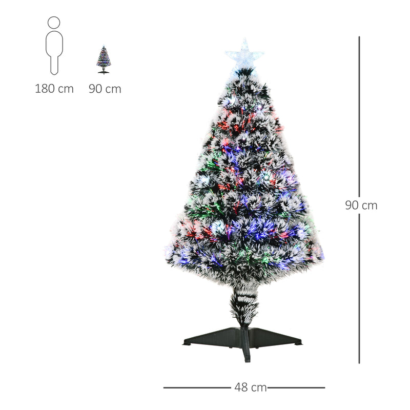 HOMCOM 3ft Artificial Prelit Christmas Tree, Snow Xmas Tree with Colourful LED Lighting Fiber Optics, Green White – view 3