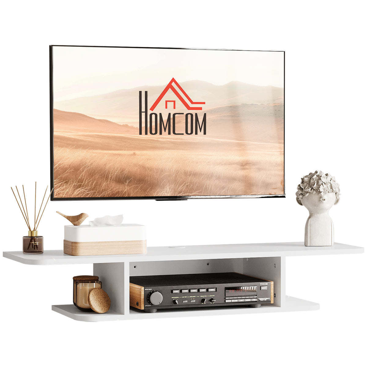 105 cm Floating TV Shelf with Cable Management – White