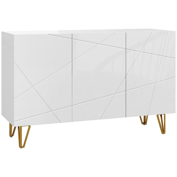 White high gloss sideboard with line-indented doors and gold hairpin legs