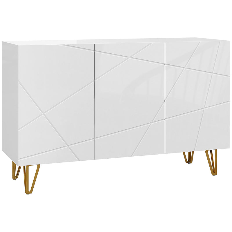 White high gloss sideboard with line-indented doors and gold hairpin legs