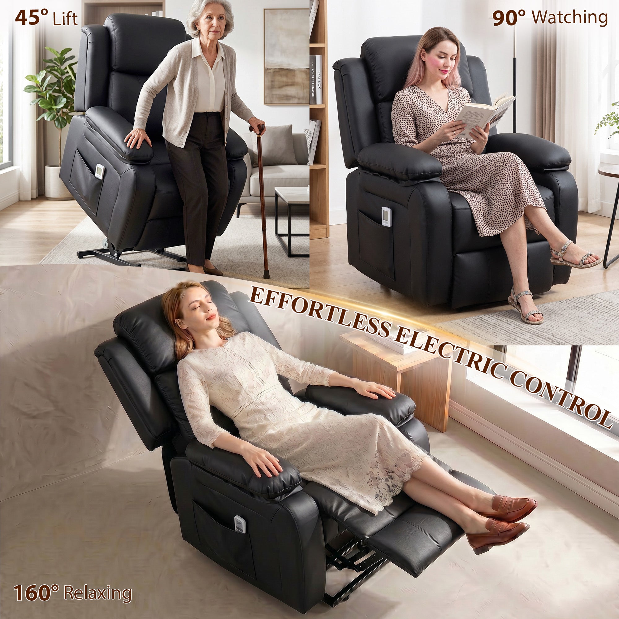 Riser and Recliner Chair with Vibration Massage, PU Leather Power Lift Chair for Elderly, Black
