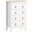 White chest of four drawers with faux leather handles