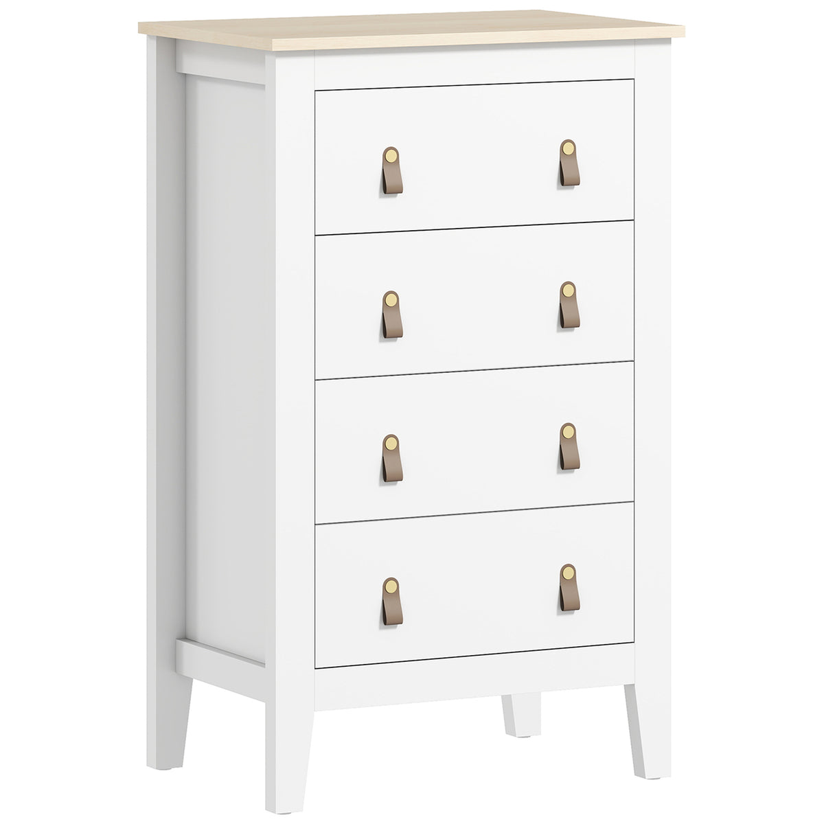 White chest of four drawers with faux leather handles