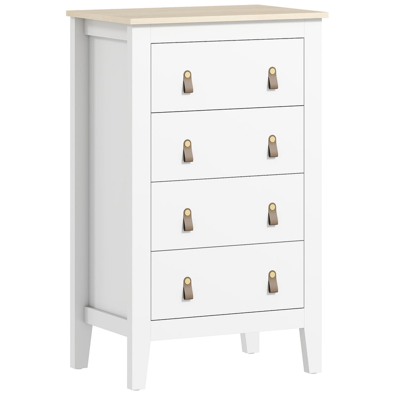 White chest of four drawers with faux leather handles