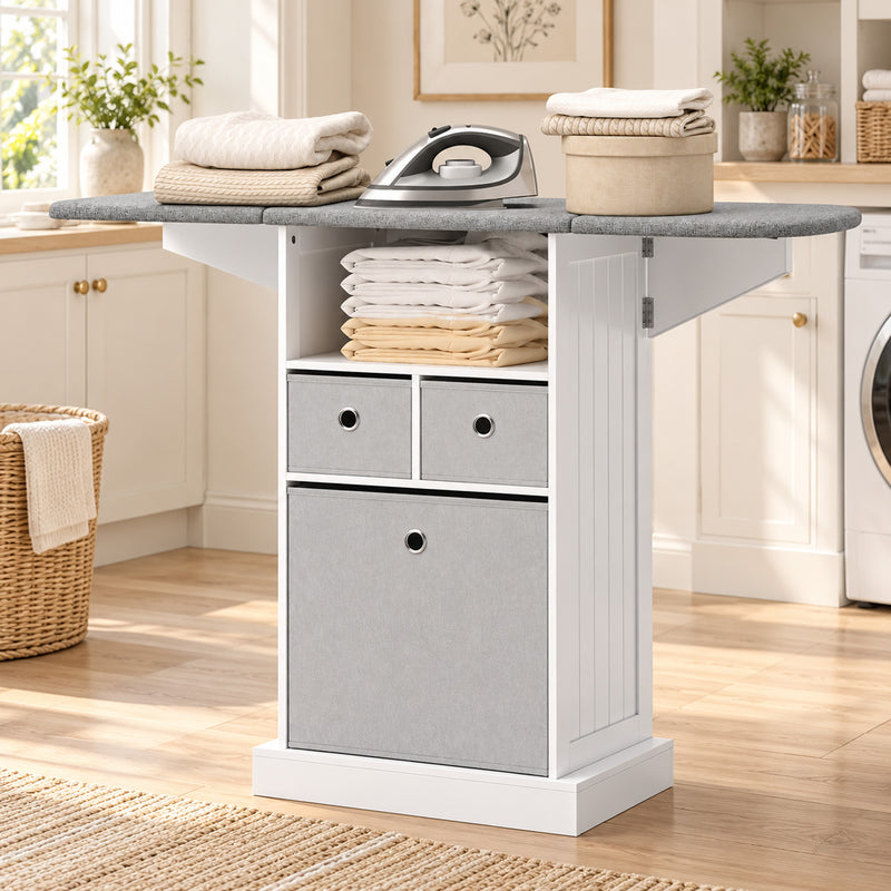 HOMCOM Ironing Board Cabinet on Wheels with Ironable and Foldable Top, Mobile Storage Cabinet with Ironing Board, White – view 9
