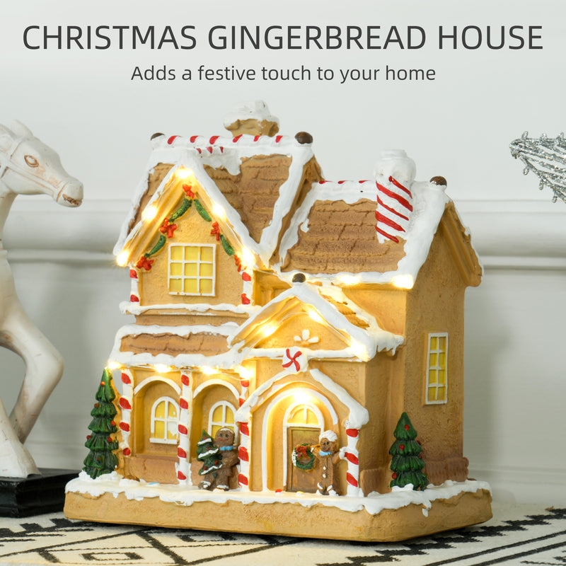 Gingerbread house with snowy roof and festive details