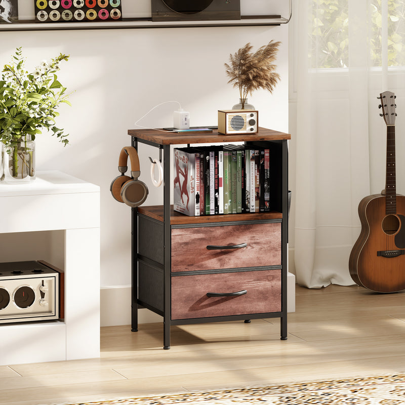 HOMCOM Bedside Table with Charging Station - Rustic Brown – view 10