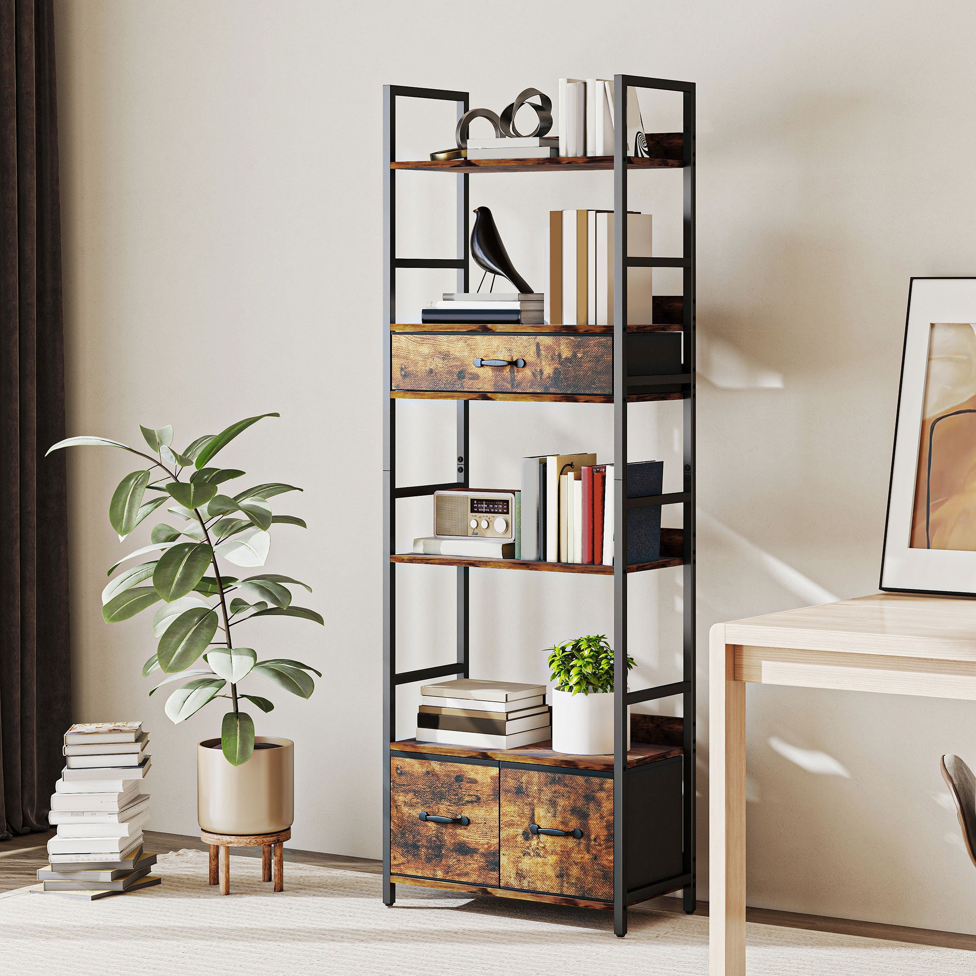 Industrial Style Bookcase, with 4 Shelves and 3 Fabric Drawers - Brown/Black
