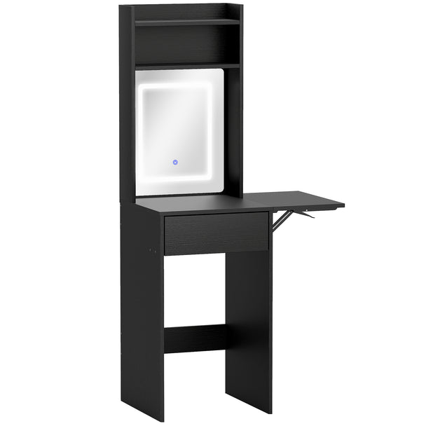 Black compact dressing table with LED-lit mirror, drop leaf, two shelves and drawer