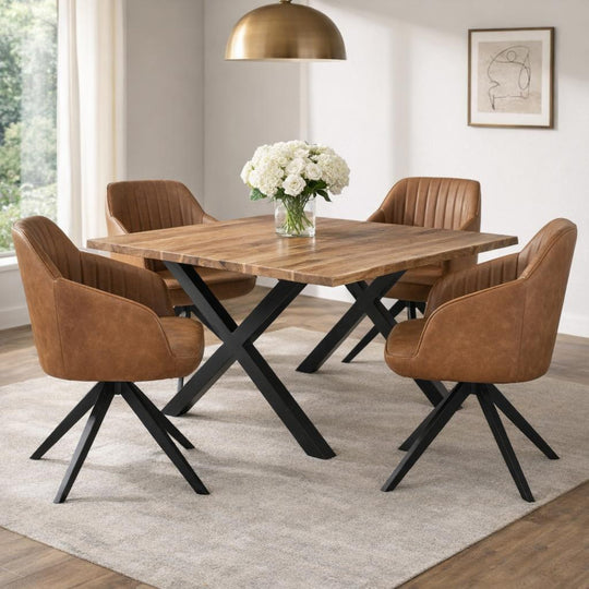Four Uppsala tan chairs around a wooden dining table