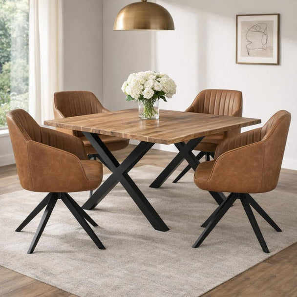 Four Uppsala tan chairs around a wooden dining table