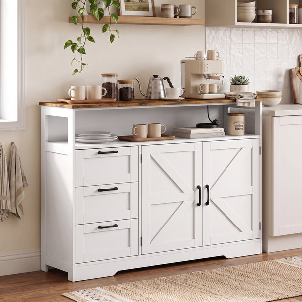 HOMCOM Sideboard Cabinet with Power Outlet, Farmhouse Kitchen Cabinet with 3 Drawers and Open Shelf, White – view 2