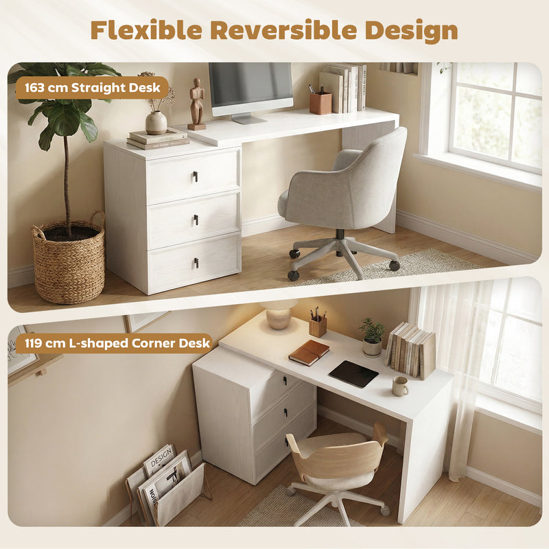 HOMCOM L Shaped Computer Desk with 3 Drawers, 163 x 39 cm Corner Desk, Thick Tabletop, Office Table, White Wood Effect – view 4
