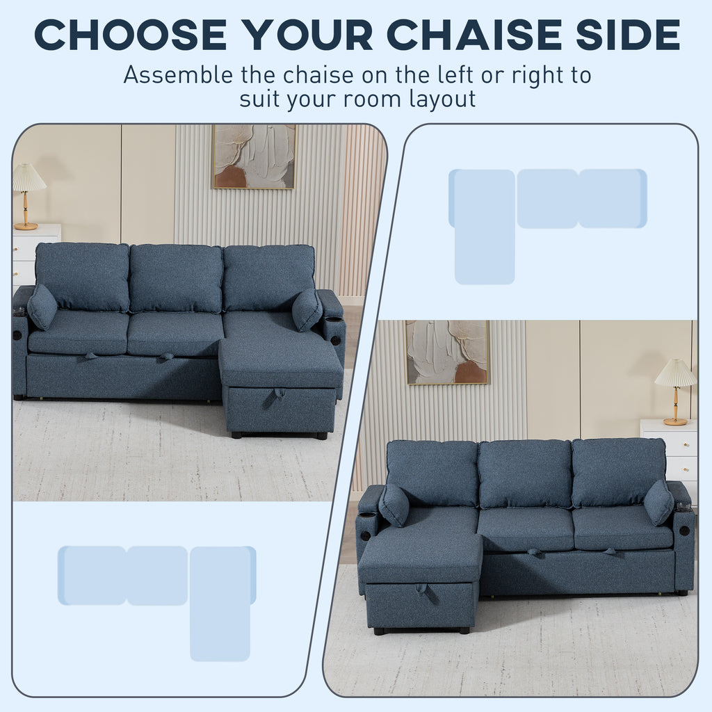 Corner Sofa Bed, L Shaped Sleeper Sectional Sofa with Reversible Storage Chaise, Blue