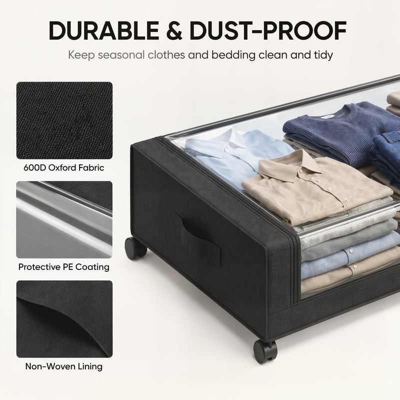 HOMCOM 40L Under Bed Storage On Wheels Pack of 2, Fabric Rolling Under Bed Drawers with Clear Lid, Zip, Steel Frame – view 5