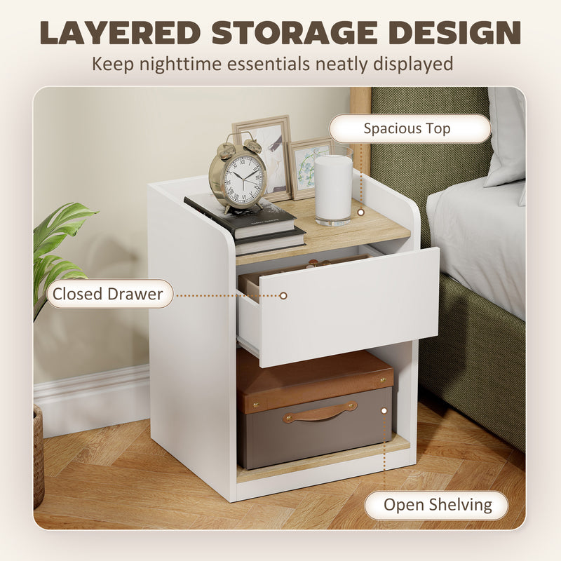 HOMCOM Modern Bedside Table, Slim Nightstand with Drawer, Shelf and Cable Holes, White and Oak – view 4