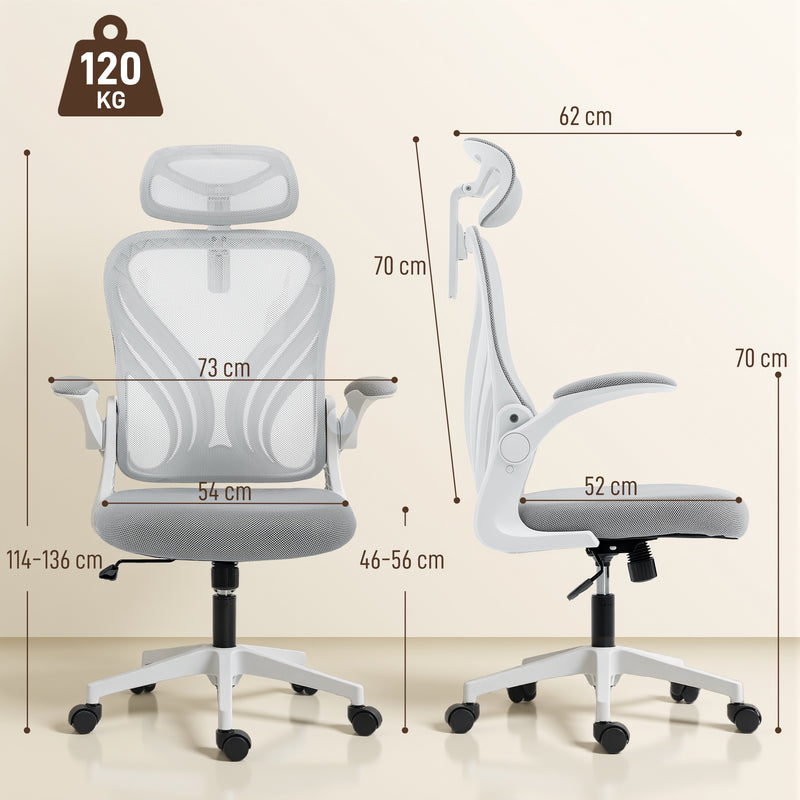 HOMCOM Ergonomic Office Chair with Foldable Backrest, 2D Headrest - Light Grey – view 3