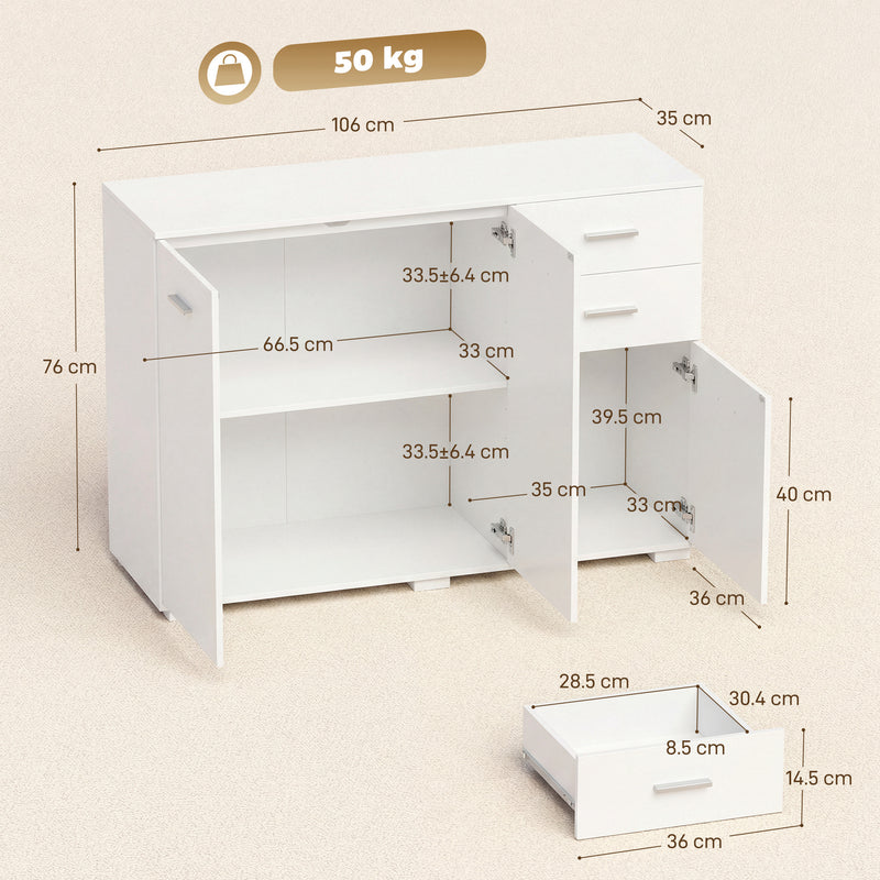 HOMCOM Sideboard, Modern Storage Cabinet with 2 Drawers, 3 Doors and Adjustable Shelves, White – view 3