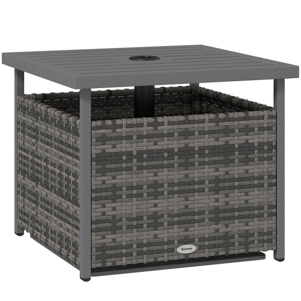 Grey rattan storage side table with steel top and parasol hole